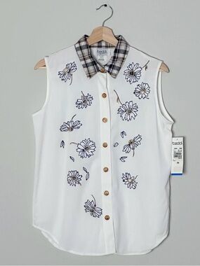 90’s Teddi White Sleeveless Floral Embroidery Button-Up Top with Plaid Collar